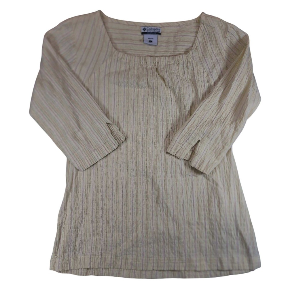 Columbia Top Womens L Yellow Seersucker Striped 3/4 Sleeve Crew Neck Blouse
